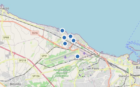 Kartenausschnitt mit den Hotels des Reiseziels
