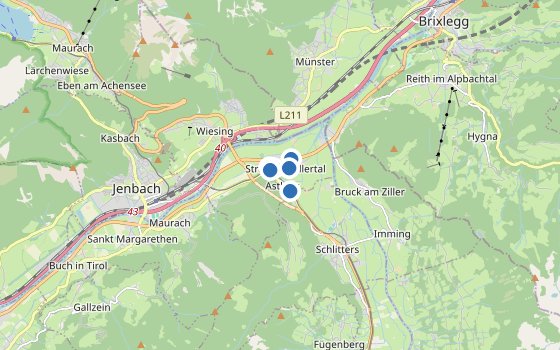 Kartenausschnitt mit den Hotels des Reiseziels