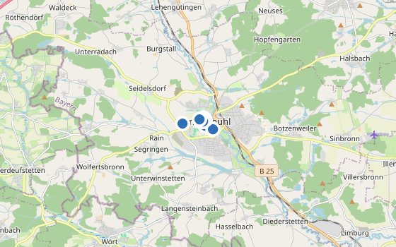 Kartenausschnitt mit den Hotels des Reiseziels