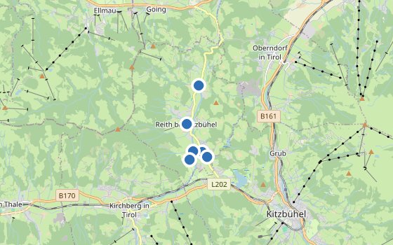 Kartenausschnitt mit den Hotels des Reiseziels