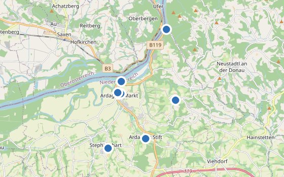 Kartenausschnitt mit den Hotels des Reiseziels