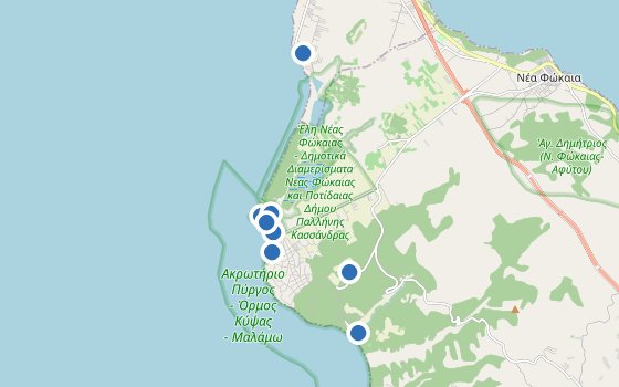 Kartenausschnitt mit den Hotels des Reiseziels