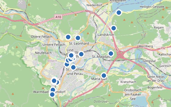 Kartenausschnitt mit den Hotels des Reiseziels