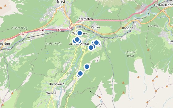 Kartenausschnitt mit den Hotels des Reiseziels