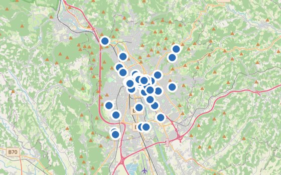Kartenausschnitt mit den Hotels des Reiseziels