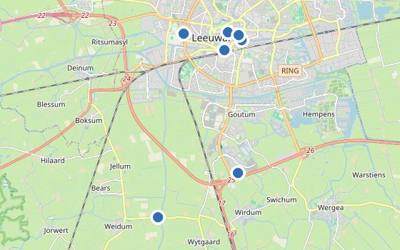 Kartenausschnitt mit den Hotels des Reiseziels