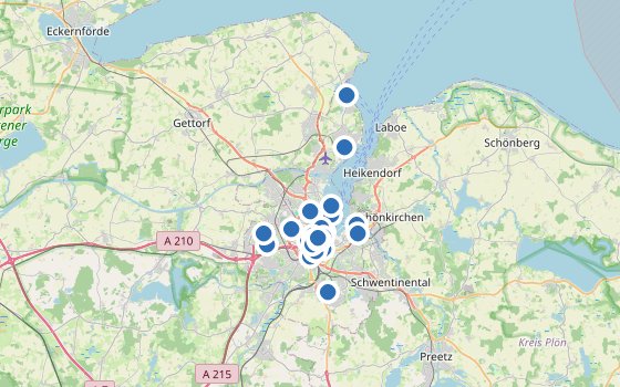 Kartenausschnitt mit den Hotels des Reiseziels