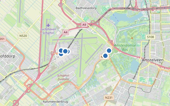 Kartenausschnitt mit den Hotels des Reiseziels
