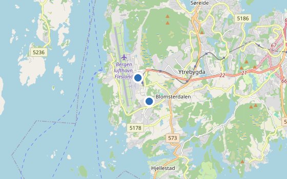 Kartenausschnitt mit den Hotels des Reiseziels