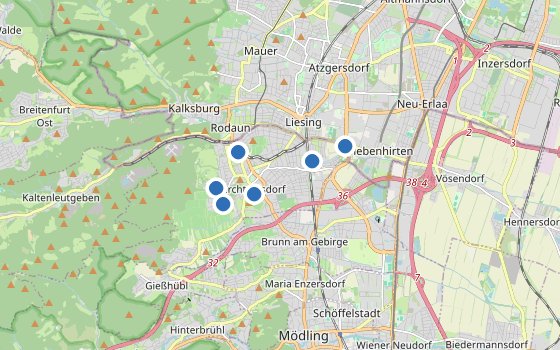 Kartenausschnitt mit den Hotels des Reiseziels