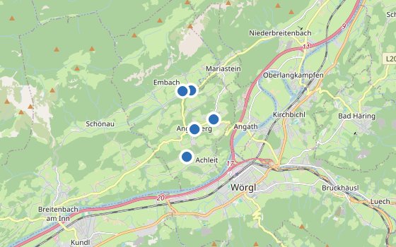 Kartenausschnitt mit den Hotels des Reiseziels
