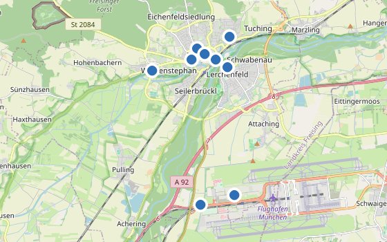 Kartenausschnitt mit den Hotels des Reiseziels