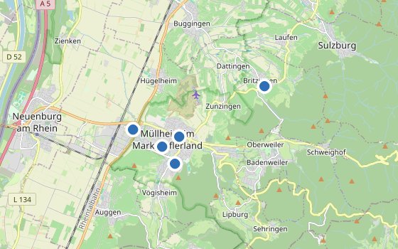 Kartenausschnitt mit den Hotels des Reiseziels