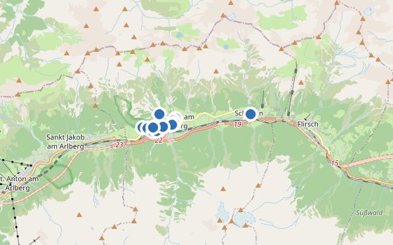 Kartenausschnitt mit den Hotels des Reiseziels