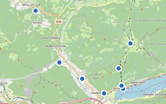 Kartenausschnitt mit den Hotels des Reiseziels