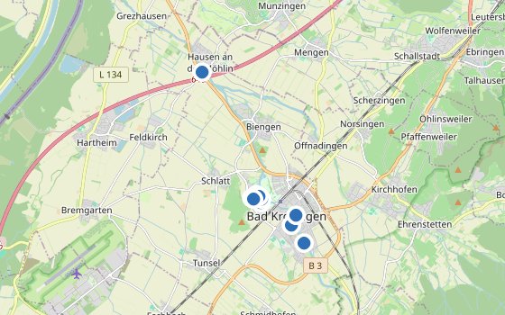 Kartenausschnitt mit den Hotels des Reiseziels
