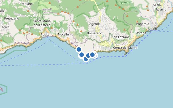 Kartenausschnitt mit den Hotels des Reiseziels