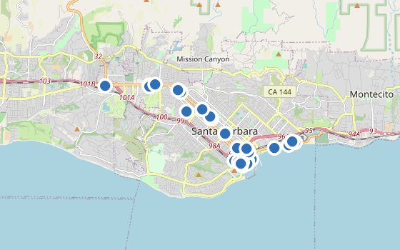 Kartenausschnitt mit den Hotels des Reiseziels