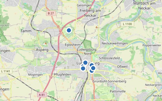 Kartenausschnitt mit den Hotels des Reiseziels