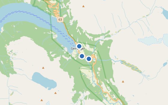Kartenausschnitt mit den Hotels des Reiseziels