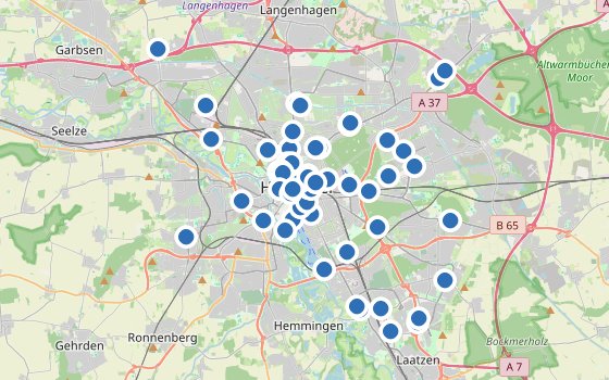 Kartenausschnitt mit den Hotels des Reiseziels