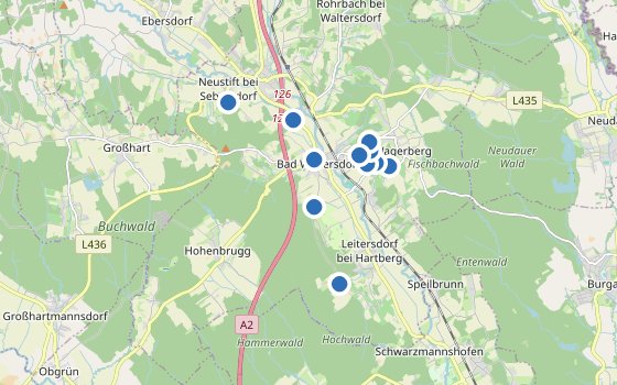 Kartenausschnitt mit den Hotels des Reiseziels