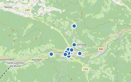 Kartenausschnitt mit den Hotels des Reiseziels