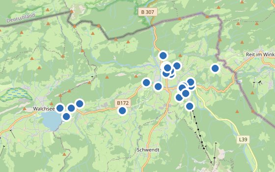 Kartenausschnitt mit den Hotels des Reiseziels