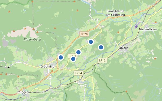 Kartenausschnitt mit den Hotels des Reiseziels
