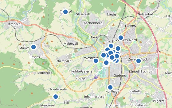 Kartenausschnitt mit den Hotels des Reiseziels