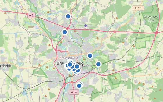 Kartenausschnitt mit den Hotels des Reiseziels