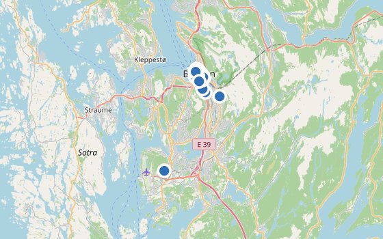 Kartenausschnitt mit den Hotels des Reiseziels