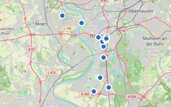 Kartenausschnitt mit den Hotels des Reiseziels