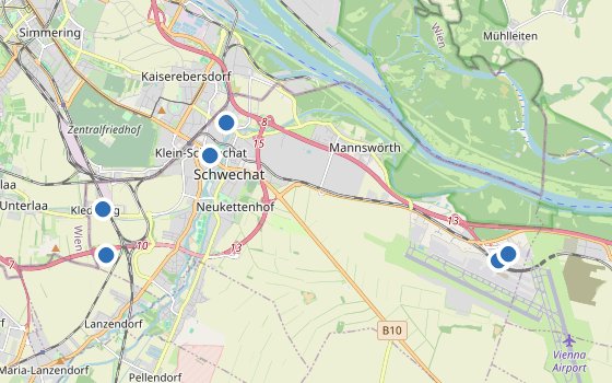 Kartenausschnitt mit den Hotels des Reiseziels