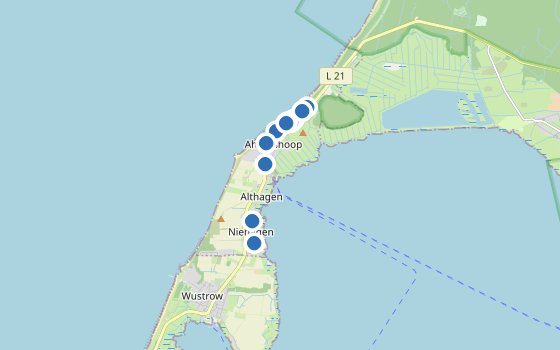 Kartenausschnitt mit den Hotels des Reiseziels