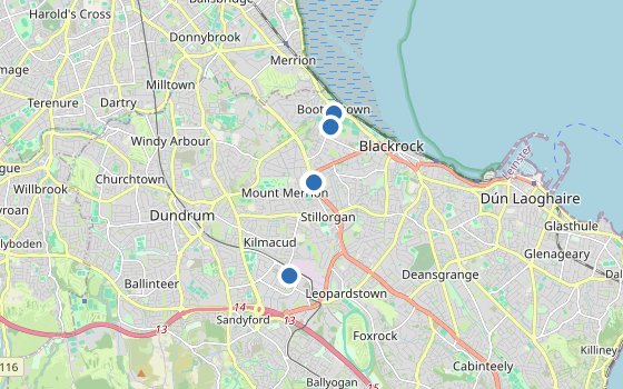 Kartenausschnitt mit den Hotels des Reiseziels