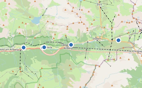Kartenausschnitt mit den Hotels des Reiseziels