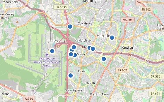 Kartenausschnitt mit den Hotels des Reiseziels