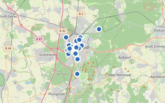 Kartenausschnitt mit den Hotels des Reiseziels