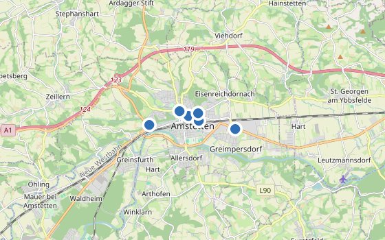 Kartenausschnitt mit den Hotels des Reiseziels