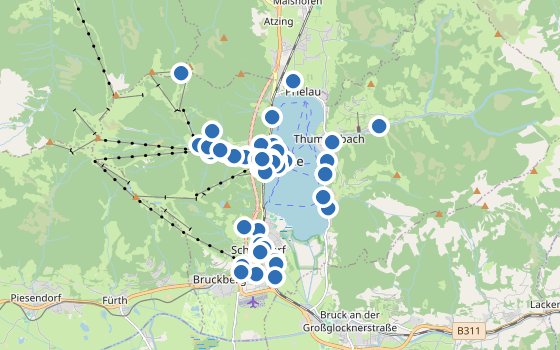 Kartenausschnitt mit den Hotels des Reiseziels