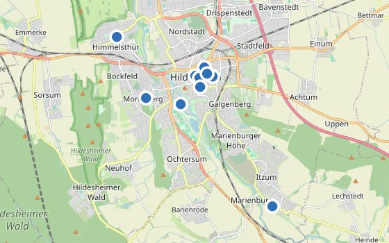 Kartenausschnitt mit den Hotels des Reiseziels