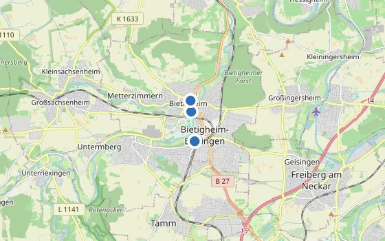 Kartenausschnitt mit den Hotels des Reiseziels
