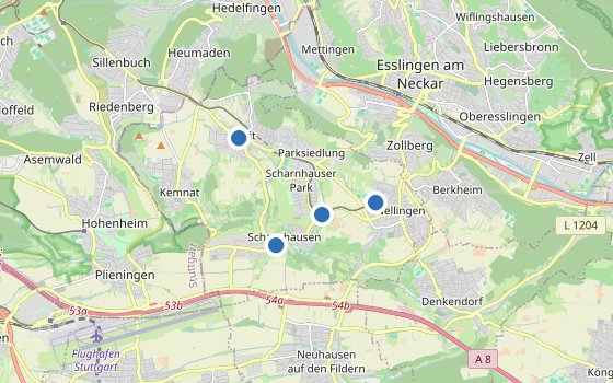 Kartenausschnitt mit den Hotels des Reiseziels