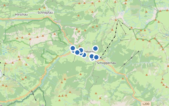 Kartenausschnitt mit den Hotels des Reiseziels