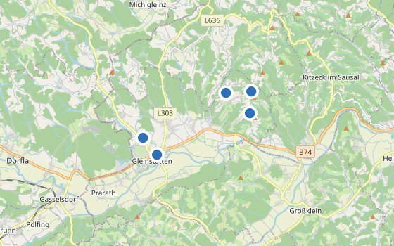 Kartenausschnitt mit den Hotels des Reiseziels