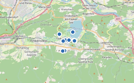 Kartenausschnitt mit den Hotels des Reiseziels