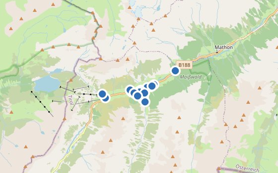 Kartenausschnitt mit den Hotels des Reiseziels