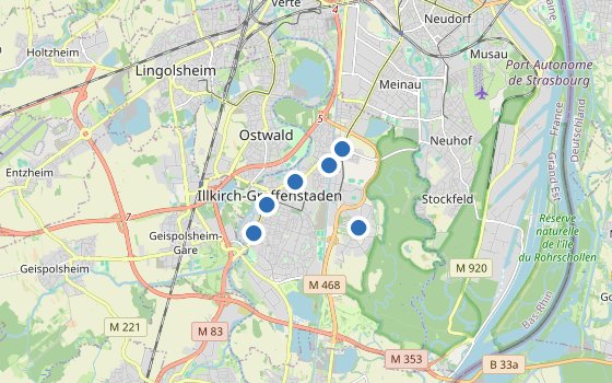 Kartenausschnitt mit den Hotels des Reiseziels