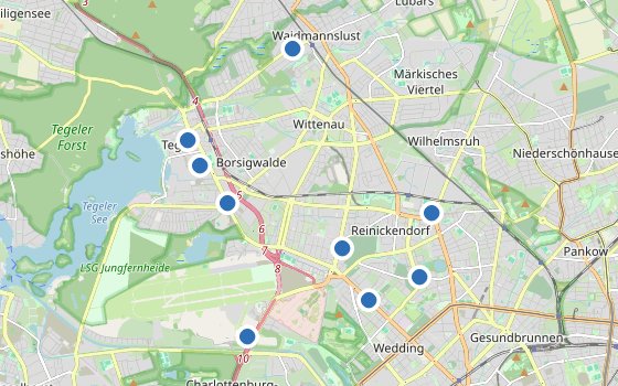 Kartenausschnitt mit den Hotels des Reiseziels